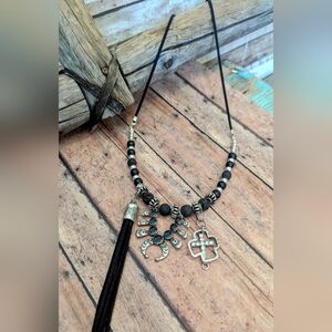 New Original Design Boho Western Black Suede Cord W Beads & Charms Necklace